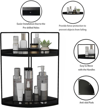 Dorhors 2-Tier Bathroom Counter Organizer,Vanity Counter Corner Shelf, Skincare, Wood Countertop Bathroom Storage and Organization for Kitchen (Black)