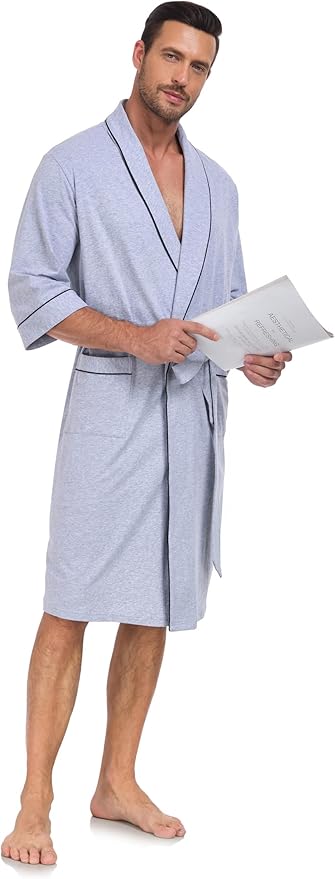 COLORFULLEAF Men's Bathrobes 100% Cotton Soft Comfort Breathable Short Sleeve Summer Kimono Mens Lightweight Robe