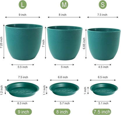 9/8/7.5 inch Flower Pots, 3 Pack Modern Plastic Planters with Drainage Holes and Trays for House Plants, Plant Pots for Indoor Outdoor Plants, Blue Green