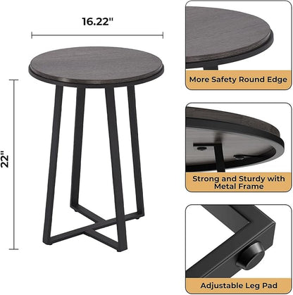 Round End Table, Small Side Table Grey Color MDF Top, Metal Frame Black, Tall End Side Table for Bed Room, Coffee Tea End Table for Living Room(Round Grey)