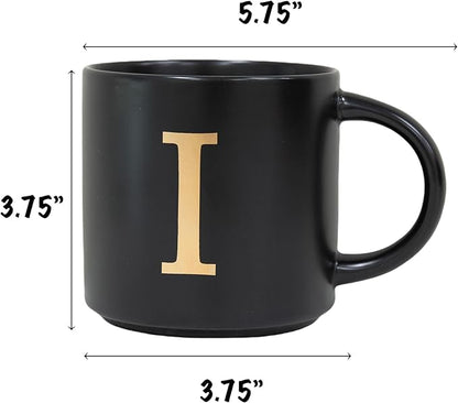 COLLECTIVE HOME - Monogram Ceramic Mugs, 15 oz Golden Initial Black Coffee Cups, Elegant Alphabet Tea Mugs, Elegant Personalized Mug with Gift Box, Unique Mug with Double Side Capital Lette (I)
