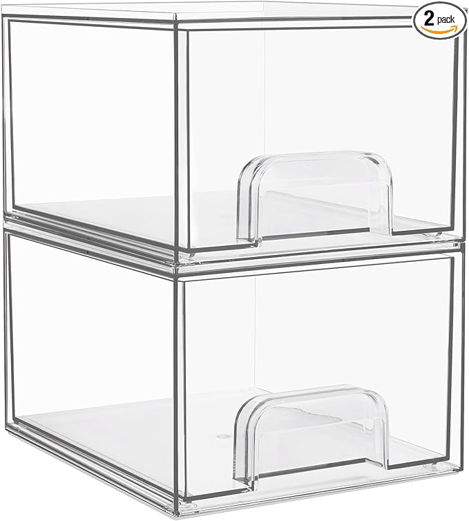 Vtopmart 2 Pack Clear Stackable Storage Drawers, 4.4'' Tall Acrylic Bathroom Makeup Organizer,Plastic Storage Bins For Vanity, Undersink, Kitchen Cabinets, Pantry, Home Organization