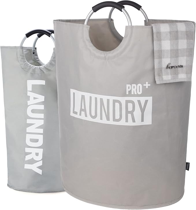 Caroeas Super Large 150L Laundry Basket Pro, Waterproof Laundry Hamper, Collapsible Laundry Basket Easy Storage, Clothes Hamper Stands Up Well, Laundry Bag with Padded Handles (Light Grey)