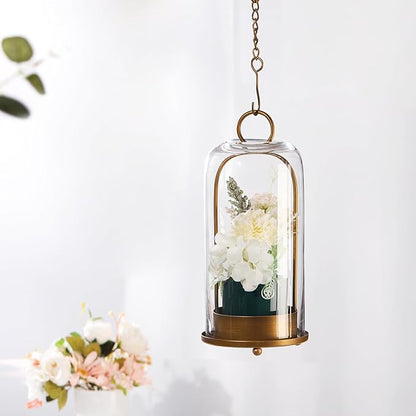 12" High Versatile Modern Metal Hurricane Lantern with Handmade Sturdy Glass Dome for 3" Pillar Candle & Plants (Brass, 5"x12")