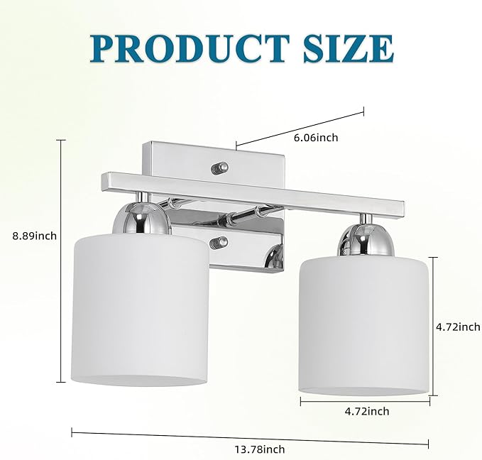 Stainless Steel Milk Glass Vanity Lights for Bathroom, 2 Light Chrome Bathroom Light Fixtures Over Mirror, Ceramic E26 Sockets Wall Mounted