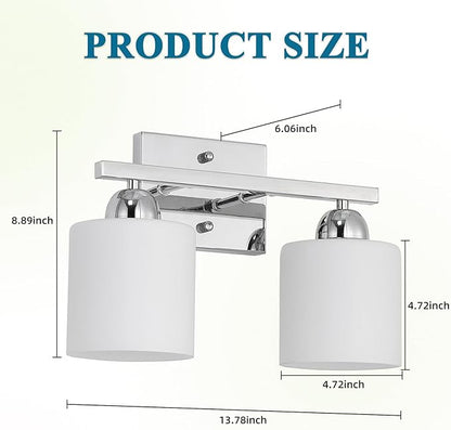 Stainless Steel Milk Glass Vanity Lights for Bathroom, 2 Light Chrome Bathroom Light Fixtures Over Mirror, Ceramic E26 Sockets Wall Mounted