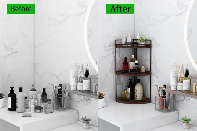 Dorhors 3-Tier Corner Bathroom Organizer Countertop for Storage,Vanity Tray,Wood Counter Organizer for Kitchen,Bathroom,Dresser (Walnut)