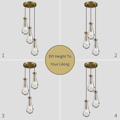 Brass 3 Light Pendant Lighting for Kitchen Island, Raindrop Cluster Pendant Light Fixture, Adjustable Hanging Rope Glass Chandelier Dining Room Light Fixture Ceiling Lamp for Foyer Hallway
