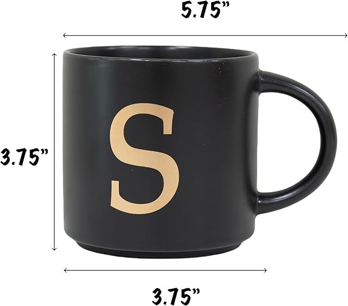 COLLECTIVE HOME - Monogram Ceramic Mugs, 15 oz Golden Initial Black Coffee Cups, Elegant Alphabet Tea Mugs, Elegant Personalized Mug with Gift Box, Unique Mug with Double Side Capital Lette (S)