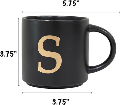 COLLECTIVE HOME - Monogram Ceramic Mugs, 15 oz Golden Initial Black Coffee Cups, Elegant Alphabet Tea Mugs, Elegant Personalized Mug with Gift Box, Unique Mug with Double Side Capital Lette (S)