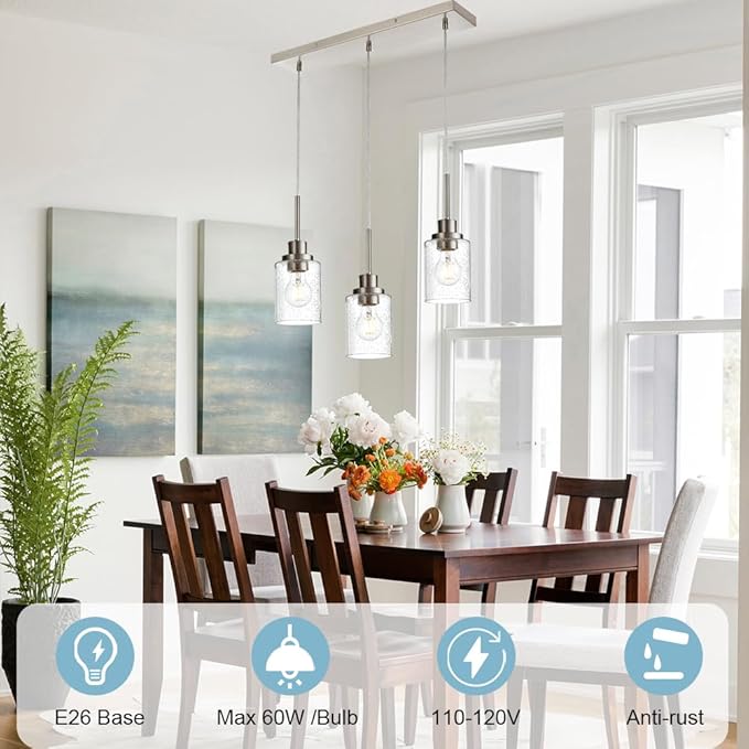 3-Light Farmhouse Chandelier Light Fixture Brushed Nickel Clear Seeded Glass Dining Room Hanging Modern Pendant Lighting Over Table,Traditional Ceiling Lights for Kitchen Island Entryway