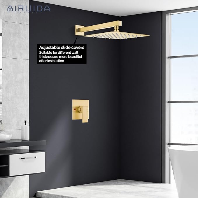 Airuida Shower Faucet Set Bathroom Rain Shower System SUS304 Stainless Steel Single Handle With Male Threads Rough-in Valve Shower Trim Kit 12 Inch Wall Mount Shower Head Brushed Gold