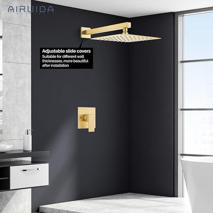 Airuida Shower Faucet Set Bathroom Rain Shower System SUS304 Stainless Steel Single Handle With Male Threads Rough-in Valve Shower Trim Kit 12 Inch Wall Mount Shower Head Brushed Gold