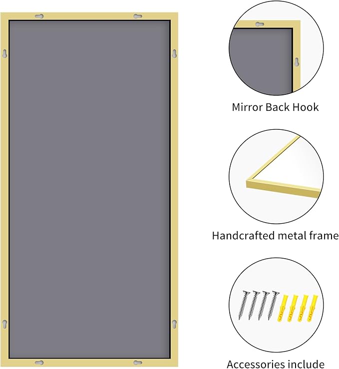 30x55In Gold Bathroom Mirror for Wall, Brushed Gold Rectangle Mirrors with Metal Frame, Bathroom Rectangular Mirror Modern Wall Mirror for Bedroom Living Room, Hangs Horizontal or Vertical