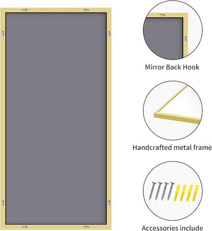 30x55In Gold Bathroom Mirror for Wall, Brushed Gold Rectangle Mirrors with Metal Frame, Bathroom Rectangular Mirror Modern Wall Mirror for Bedroom Living Room, Hangs Horizontal or Vertical