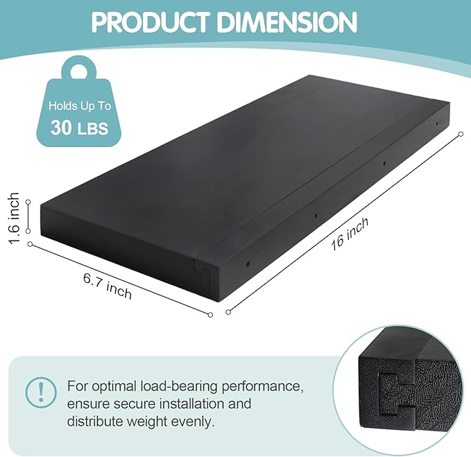 Solid Walnut Floating Shelves for Wall, 16"*6.7"*1.6"Real Thick Wood Mounted Wall Display Shelf with Joinery for Home Decor, Bathroom,Kitchen（ Black Stain）