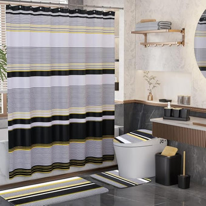 24PCS Bathroom Sets with Shower Curtain and Rugs,Black Bathroom Accessories Set Waterproof White and Gold Shower Curtain Set,Black and White Bathroom Accessories