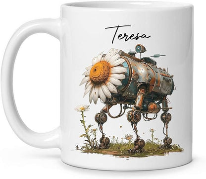 Customized Robotic Daisy Coffee Mug 11oz Or 15oz, Personalized Name On Mechanical Flower Mug, Novelty Ceramic Cup Gift For Tech Enthusiasts, Custom Nature Inspired White Mug