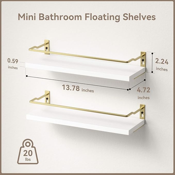 RICHER HOUSE Bathroom Shelves, Small Floating Wall Shelf for Bathroom Decor, Wall Mounted Wood Shelves, Bathroom Organizer Over Toilet Storage, Guard-Rail Kitchen Shelves Set of 2 - White Gold