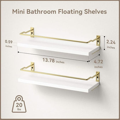 RICHER HOUSE Bathroom Shelves, Small Floating Wall Shelf for Bathroom Decor, Wall Mounted Wood Shelves, Bathroom Organizer Over Toilet Storage, Guard-Rail Kitchen Shelves Set of 2 - White Gold