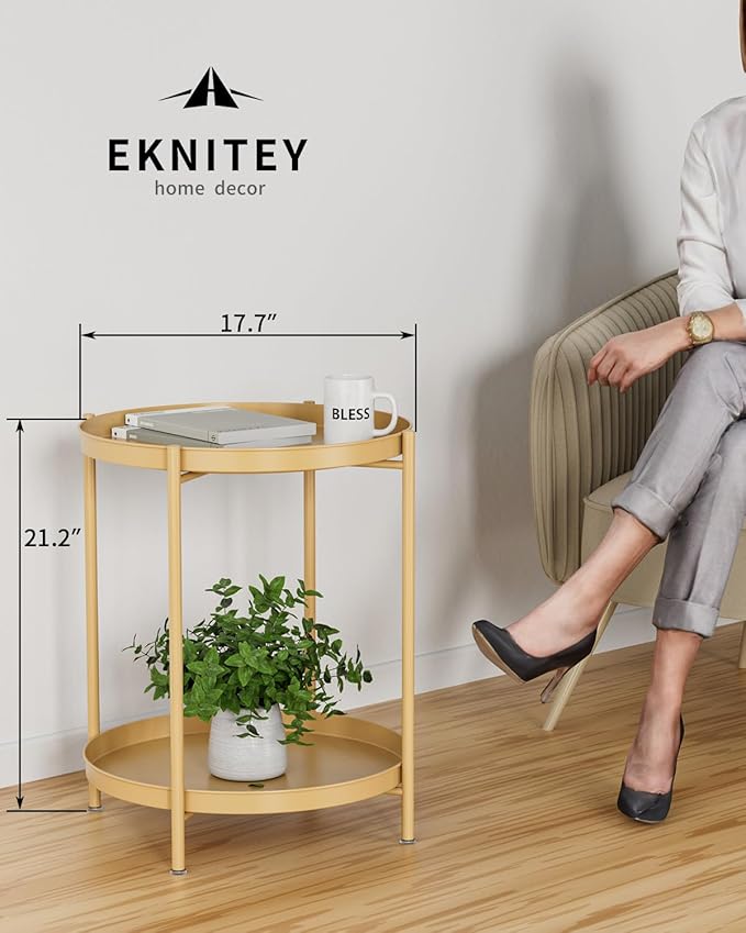 EKNITEY 2 Tier Side Table - Metal end Table Waterproof Small Sofa Coffee Side Tables Bedroom Indoor Outdoor with Removable Tray for Living Room Bedroom Balcony and Office