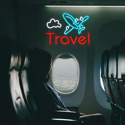 Travel Neon Sign USB Airplane LED Light Up Sign for Wall Decor Dimmable 12.2 * 16.5 In Go To Tranel Neon Light for Airport Travel Agency Bedroom(Ice Blue Red White)