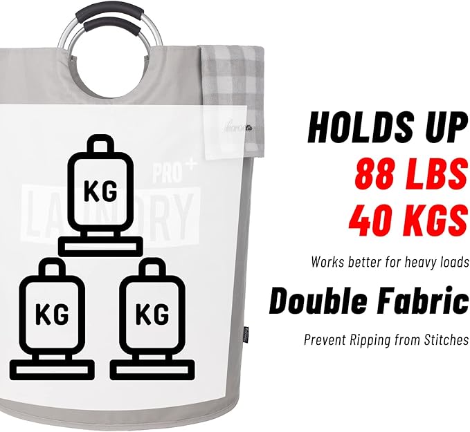 Caroeas Super Large 150L Laundry Basket Pro, Waterproof Laundry Hamper, Collapsible Laundry Basket Easy Storage, Clothes Hamper Stands Up Well, Laundry Bag with Padded Handles (Light Grey)