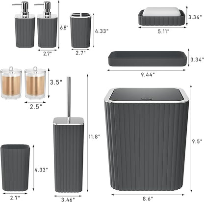 Bathroom Accessories Set - Gorgeous Grey Bathroom Set, 10PC Bathroom Accessory Set, Gray Bathroom Accessories Set, Trash Can, Qtip Holder Dispenser & Soap Dispenser