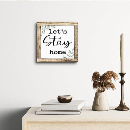 Rustic Wooden “Let’s Stay Home” Sign – Wooden Plaques Sign Table Decor, Shelf or Desk Decor, Farmhouse Living Room and Family Room Decoration, Cozy Home Accent and Housewarming Gift