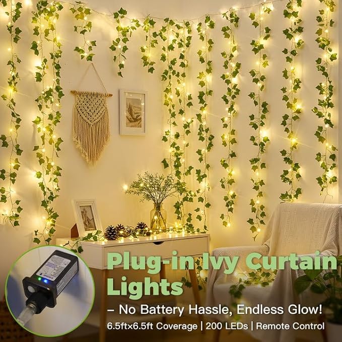 suddus 200 LED Vine with Light Plug in, 6.5ft x 6.5ft Ivy Fairy Curtain Lights with Remote, Leaf Fairy Lights for Wall,Bedroom, Dorm, Wedding, Party, Indoor Decor(Warm White)