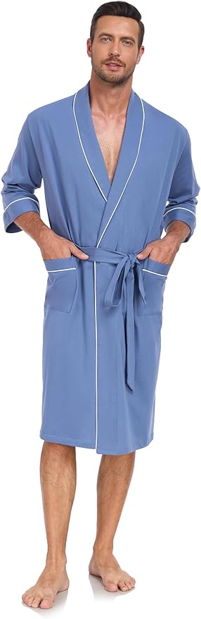 COLORFULLEAF Men's Bathrobes 100% Cotton Soft Comfort Breathable Short Sleeve Summer Kimono Mens Lightweight Robe