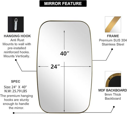 ANDY STAR 24x40” Gold Bathroom Mirror, Oblong Brass Mirror with Stainless Steel Metal Frame, Brushed Gold Oval Vanity Mirror for Over Sink, Modern Anti Rust Wall Mounted