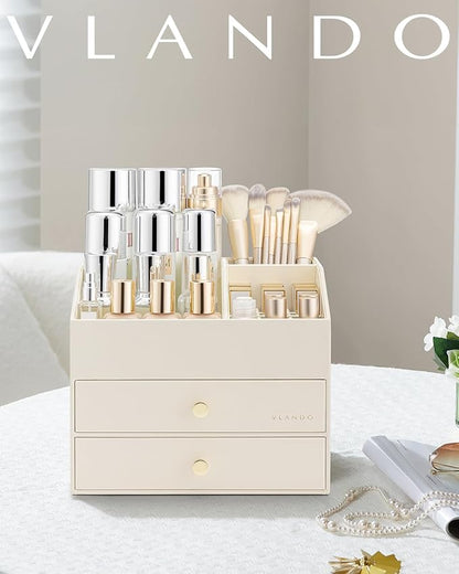 Vlando Makeup Organizer for Vanity,Large Capacity Countertop Organizer with Drawers, PU Leather Cosmetic Display Case for Lipstick,Brushes,Skincare,Bedroom Storage (Beige)