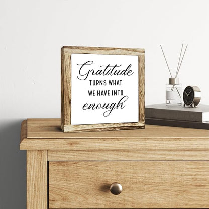 Rustic Wood Sign, Gratitude Turns What We Have Into Enough Sign, Wooden Plaques Table Decor, Inspirational Desk Decorate, Home Office Decor, Thankful Quote Signs, Small Wooden Box Signs