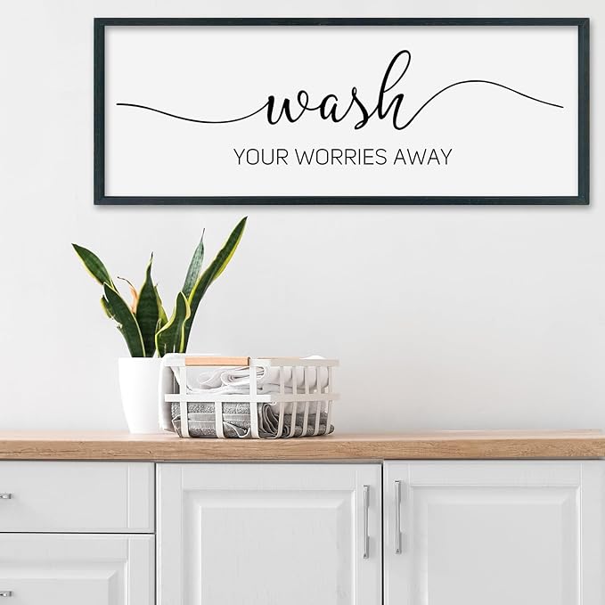 SRSZHIYUE Wash Your Worries Away Bathroom Sign Wall Art 32"×12" Funny Restroom Toilet Large Wood Framed Hanging Decor (Black)