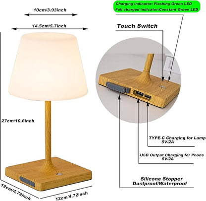 Cordless Table lamp, Outdoor Battery Operated Rechargeable Desk lamp,Waterproof Shower Lamp,4000mAh LED 3 Colors Dimmable Touch Lamps for Camping Patio Courtyard Bedroom-Wood