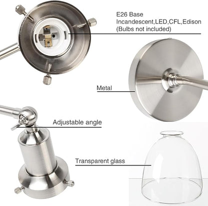 PERMO Industrial Vintage Slope Pole Wall Mount Single Sconce with 6.7" Oval Dome Clear Glass Shade Wall Sconce Light Lamp Fixture (Brushed Nickel)