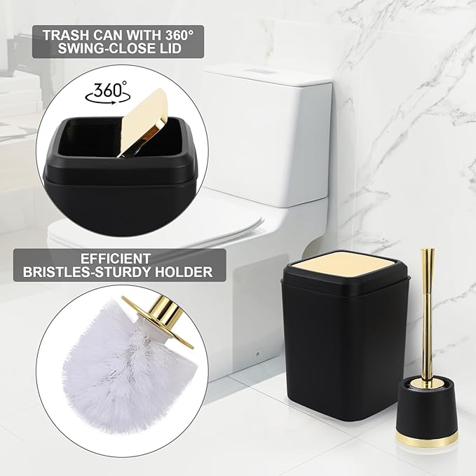 Black and Gold Bathroom Accessories Set - 10 Piece Bathroom Sets with Trash Can, Soap Dispenser, Soap Dish, Toothbrush Holder and Cup, Toilet Brush, Qtip Holder, Bathroom Accessory Set Complete