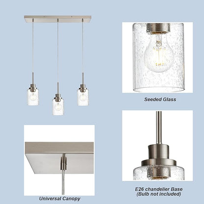 3-Light Farmhouse Chandelier Light Fixture Brushed Nickel Clear Seeded Glass Dining Room Hanging Modern Pendant Lighting Over Table,Traditional Ceiling Lights for Kitchen Island Entryway