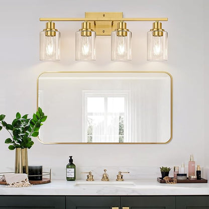 4-Light Vanity Lights with Clear Glass Shades, Brushed Gold Bathroom Light Fixtures Over Mirror, Modern Bathroom Wall Lamp for Mirror Living Room Cabinet Bedroom Porch