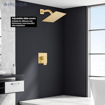 Airuida Shower Faucet Set Bathroom Rain Shower System SUS304 Stainless Steel Single Handle With Male Threads Rough-in Valve Shower Trim Kit 6 Inch Wall Mount Shower Head Brushed Gold