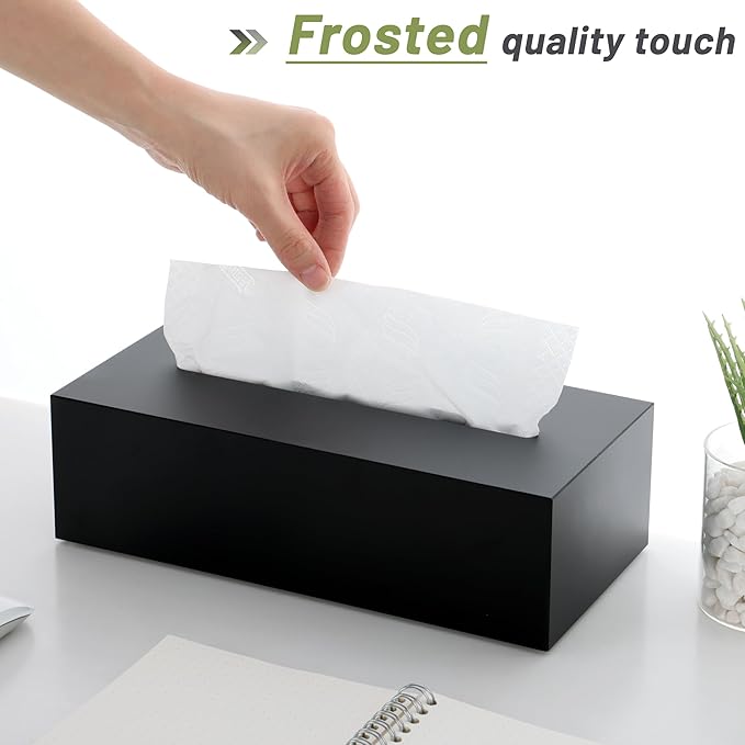 SANRUI Acrylic Facial Tissue Box Cover Holder with Snap Bottom Cover Rectangle Napkin Dispenser Organizer for Bathroom Kitchen and Office Desk (Matt Black)