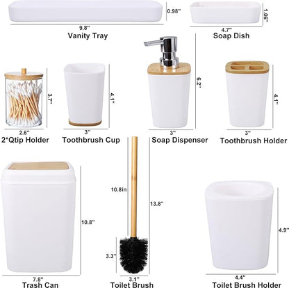 White Bathroom Accessories Set, 9 Piece Bathroom Accessory Set with Trash Can,Toothbrush Holder,Toothbrush Cup,Lotion Soap Dispenser,Vanity Tray,Soap Dish,Toilet Brush,Qtip Holder