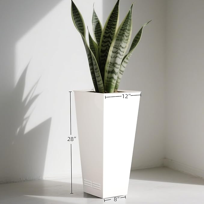 Worth Garden 28" H. Large Metal Glazed Planter Set of 2, Modern Glossy Finish White Tall Square Tapered Steel Flower Plant Pots for Indoor & Outdoor Use - Insert Plate with Drain Holes, Air Vents