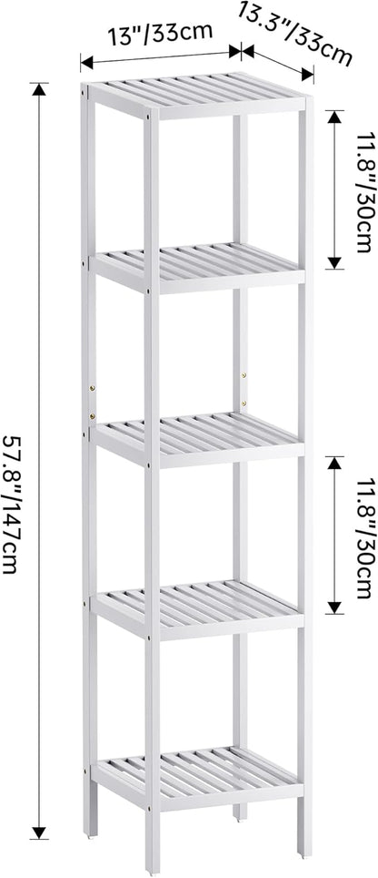 SMIBUY Bathroom Storage Shelf, 5-Tier Bamboo Rack Organizer, Multifunctional Shelving Unit for Living Room Bedroom Kitchen (White)