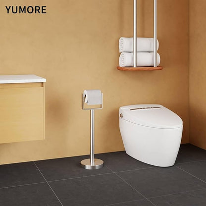 YUMORE Toilet Paper Holder Free Standing, Stainless Steel Toilet Paper Stand, Weighted Base Floor Tissue Roll Holder for Bathroom, Brushed Nickel 200UP