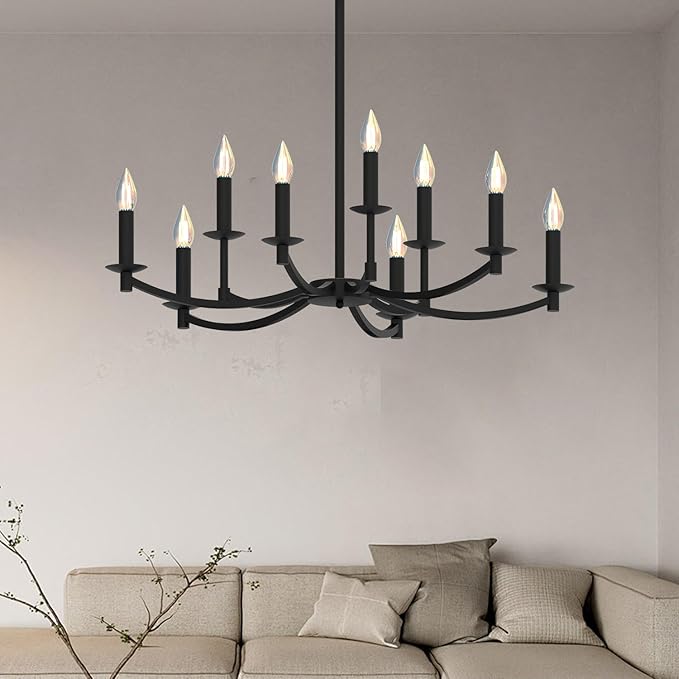 Round Black Chandeliers, Modern Candle Hanging Lights, LED Pendant Lighting Ceiling for Dining Room Bedroom Kitchen Island Farmhouse Living Room (Black-A 9Lights)