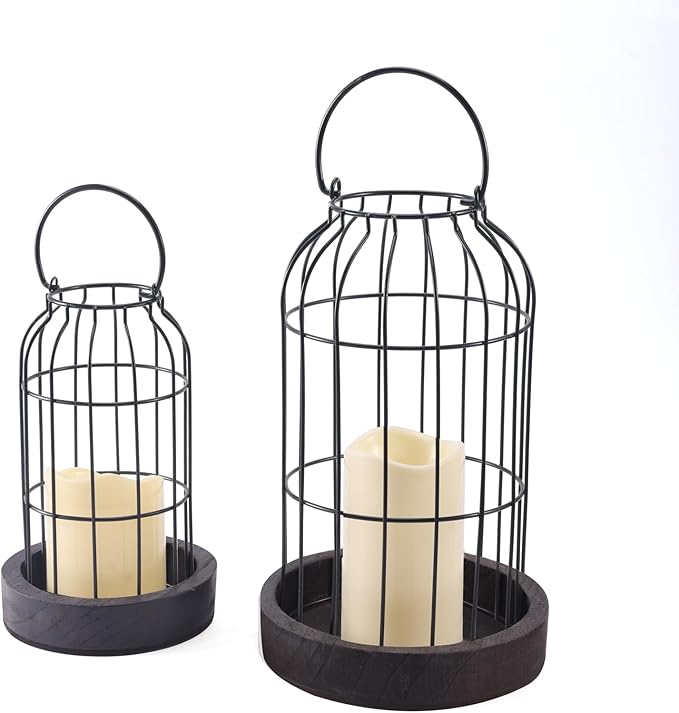 PHOSPHOR Home Decor Candle Lanterns, Set of 2 Rustic Cage Candle Holder, Tian Yuan Nong she，for Living Room, Fireplace Mantle, Dining Table Centerpieces Home Kitchen Decor