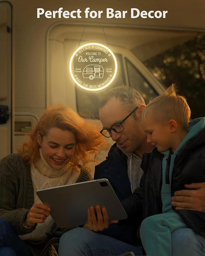 Camper LED Neon Sign for Camping Party Decor, Dimmable Neon Wall Lights Signs for Backyard Patio Garden BBQ Touring Car Decoration, 3D Art Light Up Sign for Housewarming Birthday Gifts