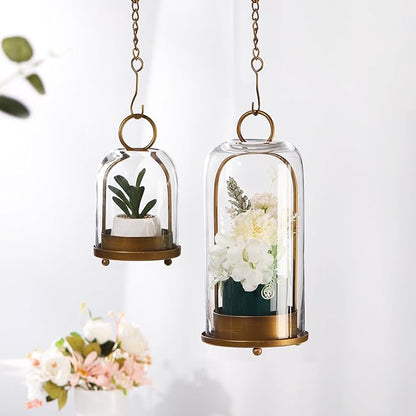 7.5" High Versatile Modern Metal Hurricane Lantern with Handmade Sturdy Glass Dome for 2" Pillar Candle & Plants (Brass, 4" x7.5)